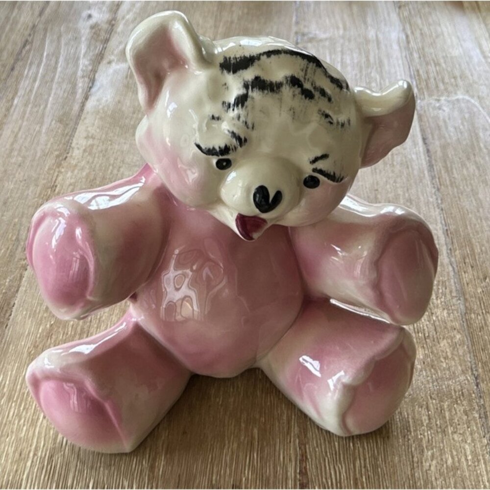Vintage 1950s Morton Art Pottery Pink & White Nursery Bear Planter Nursery Decor